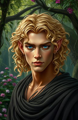 An elven male with luxurious curly golden hair, radiant bronzed skin, and strikingly dark blue eyes that shimmer with depth and mystery