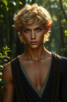 An alluring elven male featuring short, curly golden hair that captures the light beautifully, complemented by radiant bronzed skin