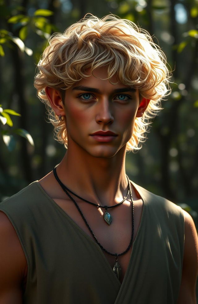 An alluring elven male featuring short, curly golden hair that captures the light beautifully, complemented by radiant bronzed skin