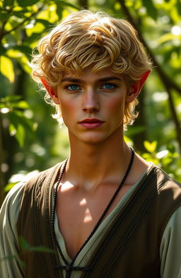 An alluring elven male featuring short, curly golden hair that captures the light beautifully, complemented by radiant bronzed skin