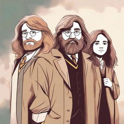 High-quality digital art featuring Harry Potter, Ron Weasley, Hermione Granger, and Hagrid, set in Hogwarts