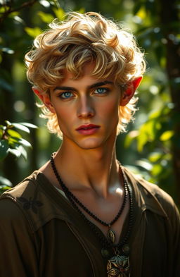 An alluring elven male featuring short, curly golden hair that captures the light beautifully, complemented by radiant bronzed skin