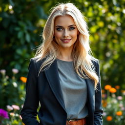 A striking Caucasian woman aged 35 years with long, light blonde hair and captivating blue eyes