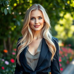 A striking Caucasian woman aged 35 years with long, light blonde hair and captivating blue eyes
