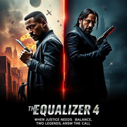 An engaging movie poster concept for 'The Equalizer 4 (2025)' featuring Denzel Washington as Robert McCall and Keanu Reeves as John Wick