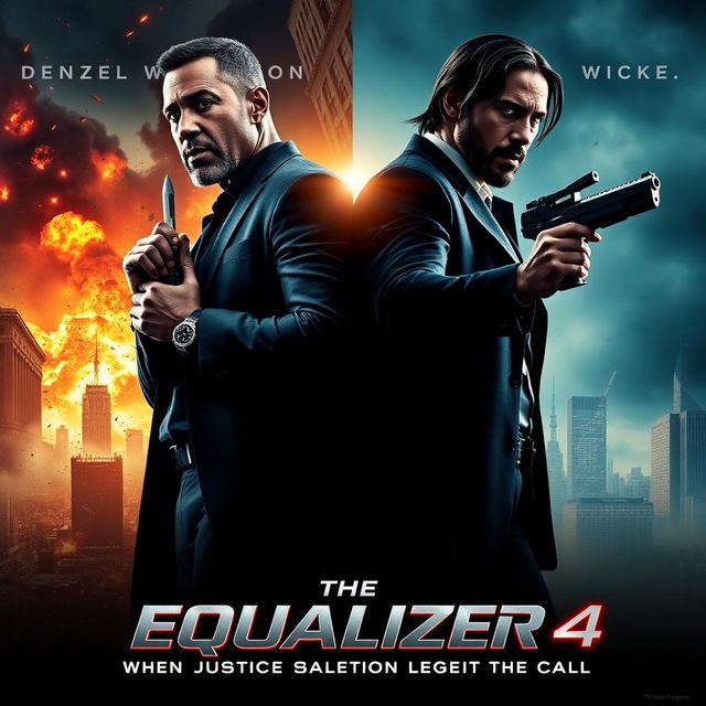 An engaging movie poster concept for 'The Equalizer 4 (2025)' featuring Denzel Washington as Robert McCall and Keanu Reeves as John Wick