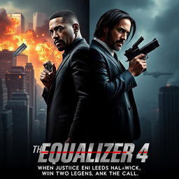 An engaging movie poster concept for 'The Equalizer 4 (2025)' featuring Denzel Washington as Robert McCall and Keanu Reeves as John Wick