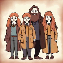 High-quality digital art featuring Harry Potter, Ron Weasley, Hermione Granger, and Hagrid, set in Hogwarts