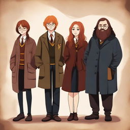 High-quality digital art featuring Harry Potter, Ron Weasley, Hermione Granger, and Hagrid, set in Hogwarts