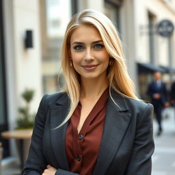A confident Caucasian woman aged 35 with long, light blonde hair and striking blue eyes