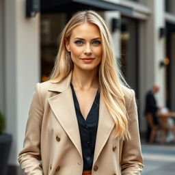 A confident Caucasian woman aged 35 with long, light blonde hair and striking blue eyes