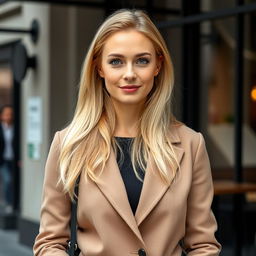 A confident Caucasian woman aged 35 with long, light blonde hair and striking blue eyes