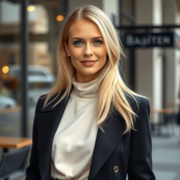 A confident Caucasian woman aged 35 with long, light blonde hair and striking blue eyes