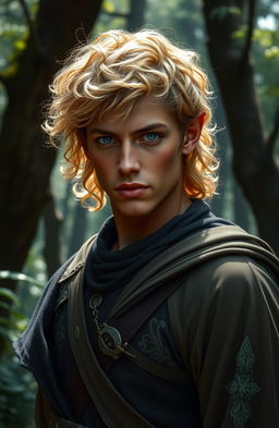 A captivating elven male with short, curly golden hair that glistens in the sunlight, paired with a smooth, bronzed complexion