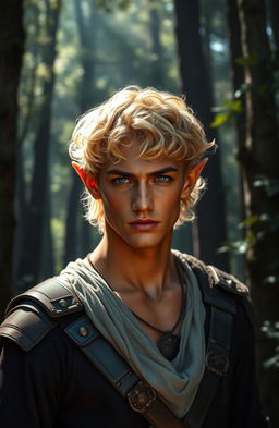 A captivating elven male with short, curly golden hair that glistens in the sunlight, paired with a smooth, bronzed complexion