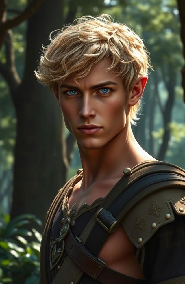 A captivating elven male with short, curly golden hair that glistens in the sunlight, paired with a smooth, bronzed complexion