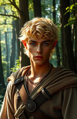 A captivating elven male with short, curly golden hair that glistens in the sunlight, paired with a smooth, bronzed complexion