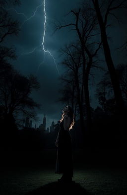 A moody and atmospheric scene in New York City, featuring a woman standing amidst tall trees in a park