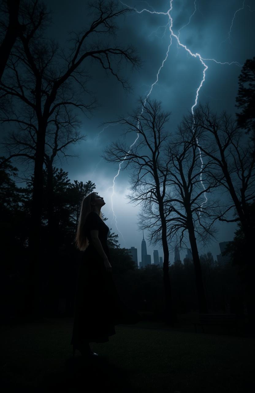 A moody and atmospheric scene in New York City, featuring a woman standing amidst tall trees in a park