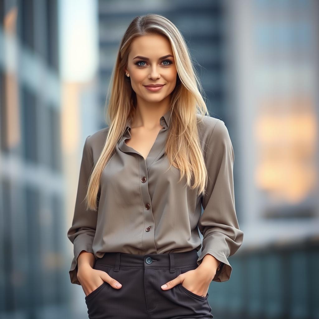 A confident Caucasian woman aged 35, featuring long, light blonde hair and captivating blue eyes