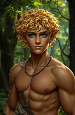 A stocky elven male with short, curly golden hair that gleams in the ambient light