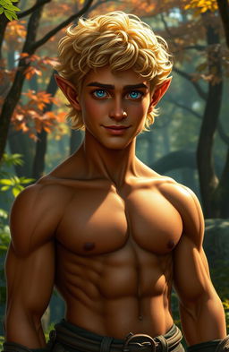 A stocky elven male with short, curly golden hair that gleams in the ambient light