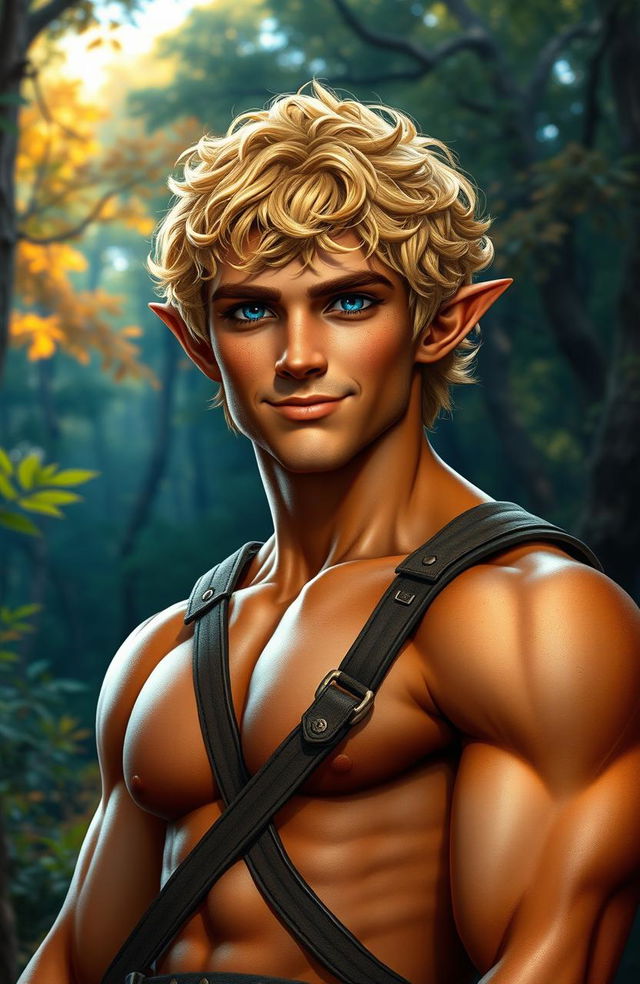 A stocky elven male with short, curly golden hair that gleams in the ambient light