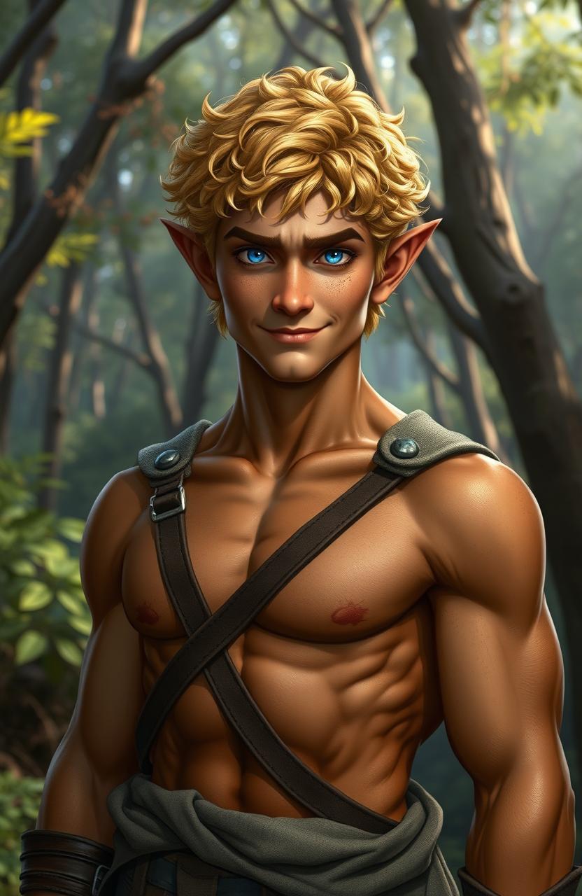 A stocky elven male with short, curly golden hair that gleams in the ambient light