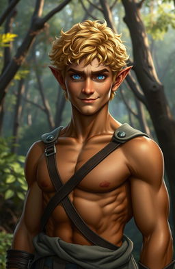 A stocky elven male with short, curly golden hair that gleams in the ambient light