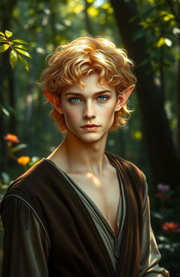 An enchanting elven male with short, curly golden hair that radiates warmth and light