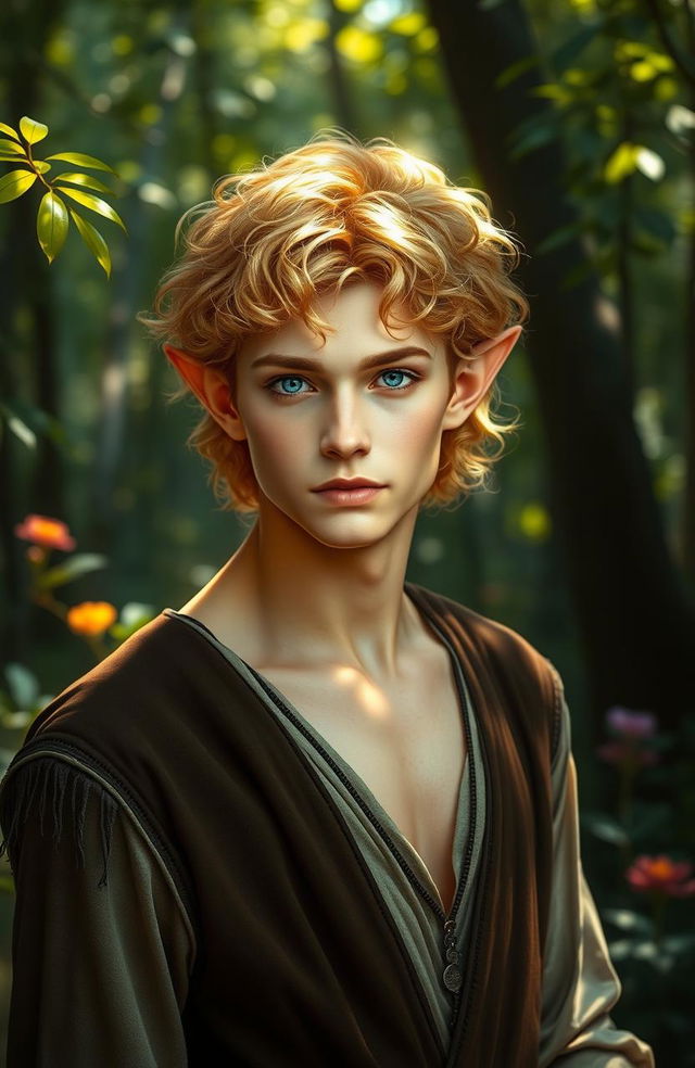 An enchanting elven male with short, curly golden hair that radiates warmth and light