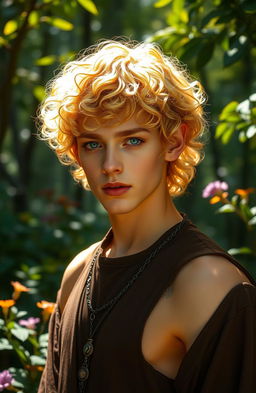 An enchanting elven male with short, curly golden hair that radiates warmth and light
