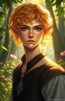 An enchanting elven male with short, curly golden hair that radiates warmth and light
