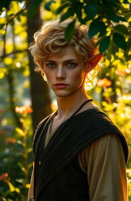 An enchanting elven male with short, curly golden hair that radiates warmth and light