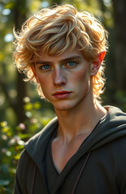 A realistic portrayal of a late 20s elven male with short, curly golden hair that catches the light beautifully