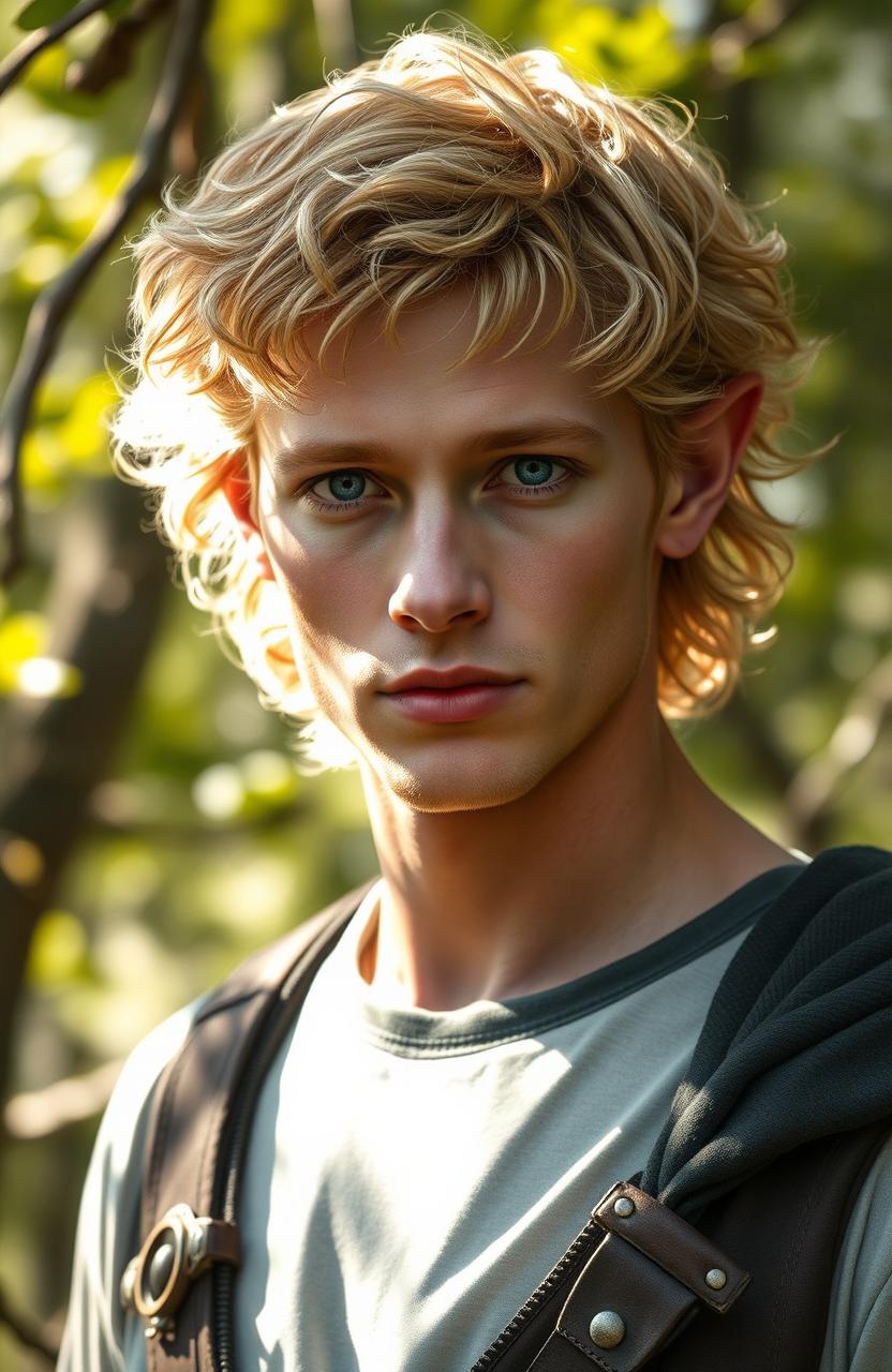 A realistic portrayal of a late 20s elven male with short, curly golden hair that catches the light beautifully