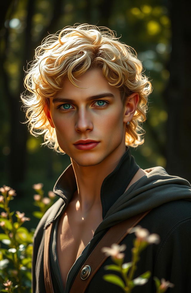 A realistic portrayal of a late 20s elven male with short, curly golden hair that catches the light beautifully