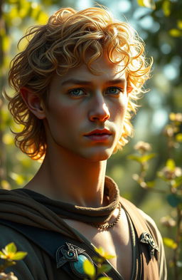 A realistic portrayal of a late 20s elven male with short, curly golden hair that catches the light beautifully