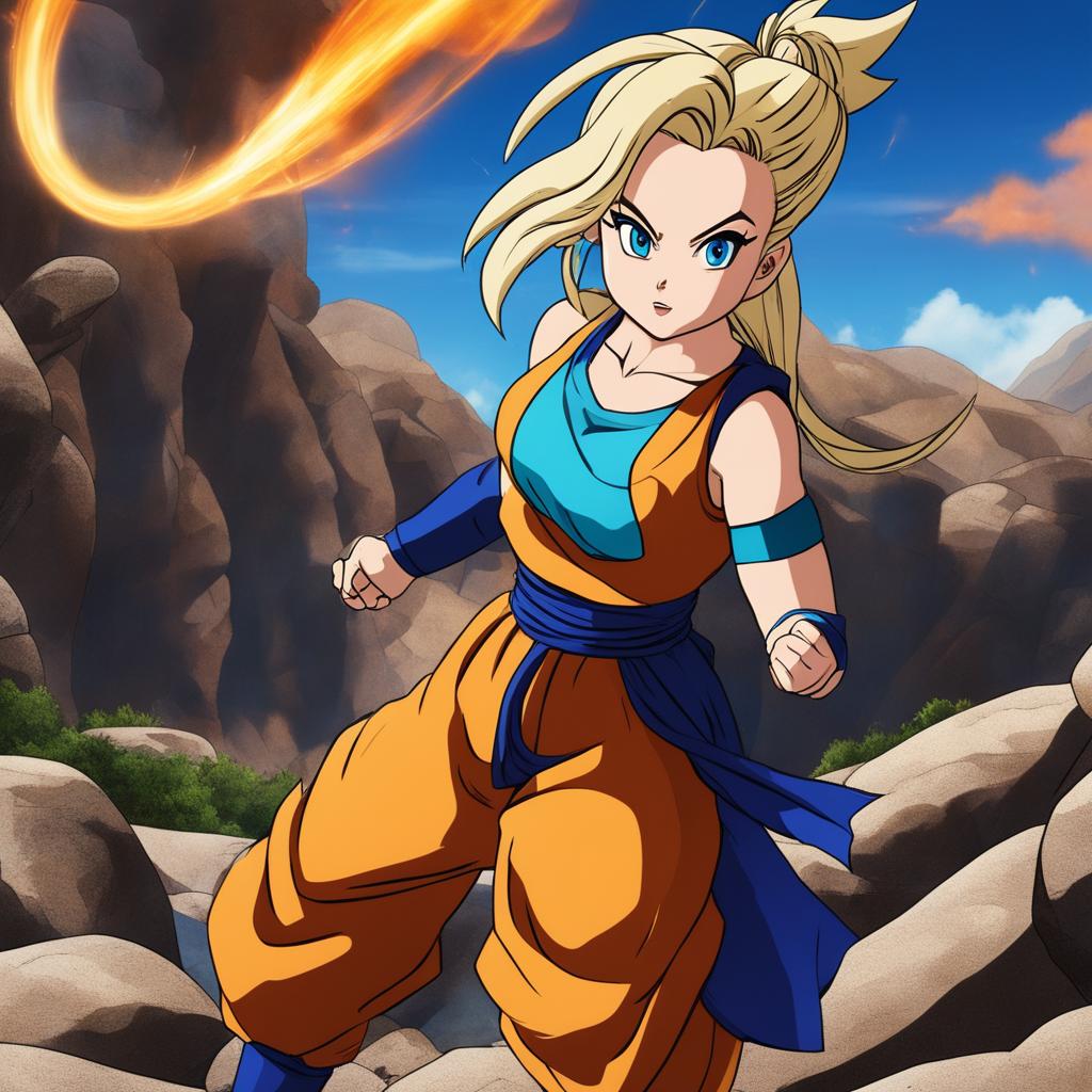 A continuation of Sydney Sweeney as a Dragonball character, now in a battle scene