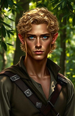 A realistic portrayal of a late 20s elven male with short, curly golden hair that glimmers softly in the light