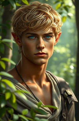 A realistic portrayal of a late 20s elven male with short, curly golden hair that glimmers softly in the light