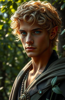 A realistic portrayal of a late 20s elven male with short, curly golden hair that glimmers softly in the light
