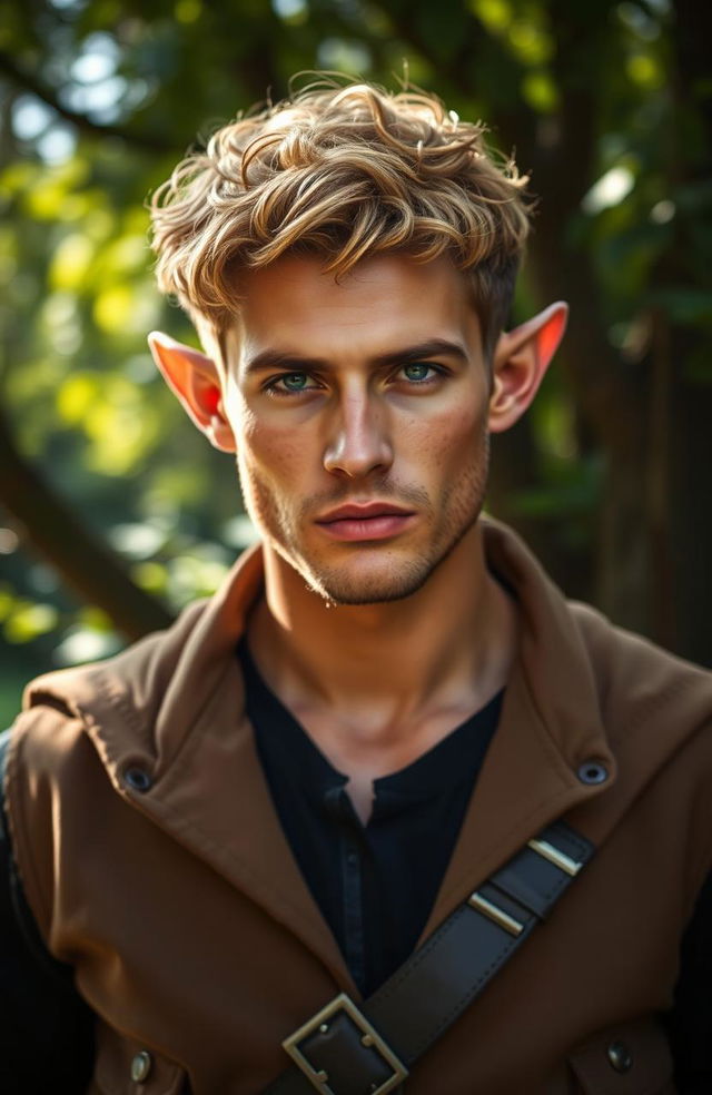 A late 20s man with distinctive pointed ears, exuding an aura of mystique