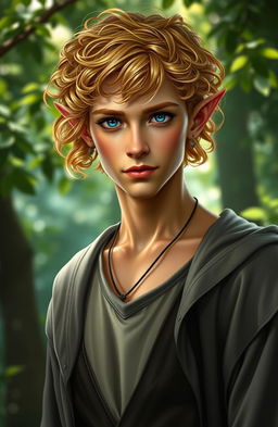 A late 20s elven male with distinct pointed ears, showcasing a vibrant character