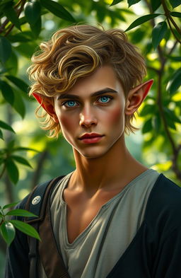 A late 20s elven male with distinct pointed ears, showcasing a vibrant character