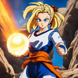 A continuation of Sydney Sweeney as a Dragonball character, now in a battle scene