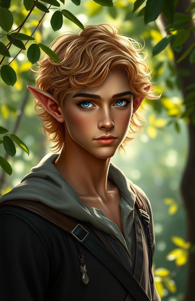 A late 20s elven male with distinct pointed ears, showcasing a vibrant character