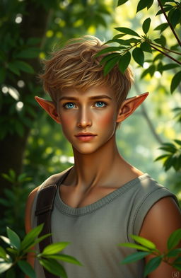 A late 20s elven male with distinct pointed ears, showcasing a vibrant character