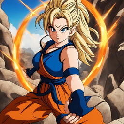 A continuation of Sydney Sweeney as a Dragonball character, now in a battle scene