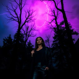 A dark, moody scene set in New York City featuring tall trees casting shadows against a stormy sky
